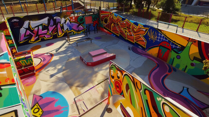 A graffiti covered skate park with a pink bench in the middle