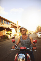 Man, scooter and travel adventure for holiday vacation or explore Bali with helmet, journey or street. Male person, sunglasses and summer tourist on outdoor transportation or weekend, trip or getaway © peopleimages.com