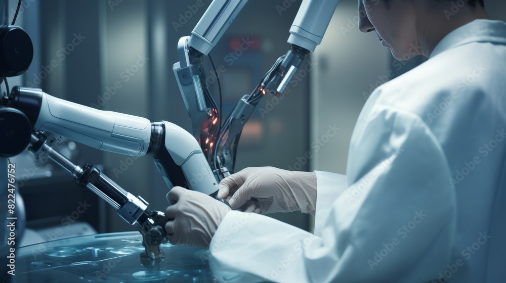 Poster a close-up photo of a delicate robot arm performing a surgical procedure with utmost precision, show