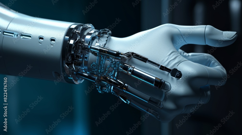 Poster a close-up photo of a delicate robot arm performing a surgical procedure with utmost precision, show