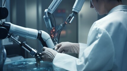 A close-up photo of a delicate robot arm performing a surgical procedure with utmost precision, showcasing its medical applications and lifesaving potential.