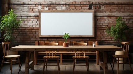A white empty blank frame mockup hanging on a brick wall in a cozy cafe, with steaming cups of coffee on a rustic table.