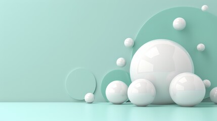  A group of white balls sits on a blue-green surface with a light green background, featuring a few white balls