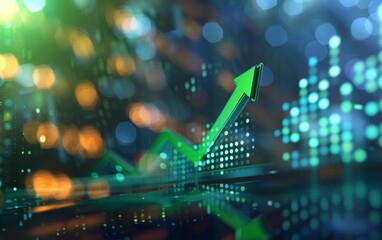 A green arrow ascends on a blurry digital stock market display.