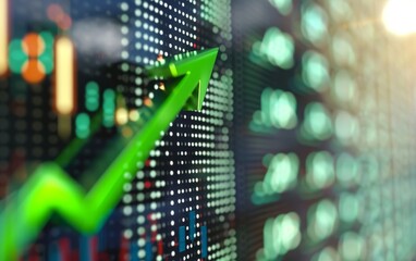 A green arrow ascends on a blurry digital stock market display.