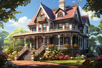 Obraz premium Illustrate a Victorian style home's porch where middle-aged parents are hugging their children, the house adorned with tradition Generative Ai,