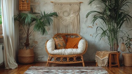 bohemian home decor, a boho minimalist home interior featuring macrame wall hangings and rattan furniture that radiate a warm and inviting ambiance