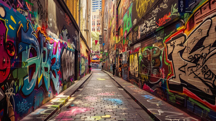 Naklejka premium A graffiti covered alleyway with a colorful mural on the wall