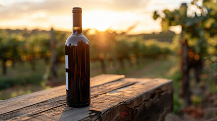 A bottle of red wine on a wooden table in a vineyard at sunset.