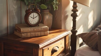 nightstand with a clock and a book, seen from close up generative ai