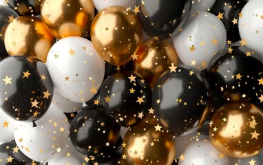 Balloons in black, white, and gold tones with scattered golden stars.