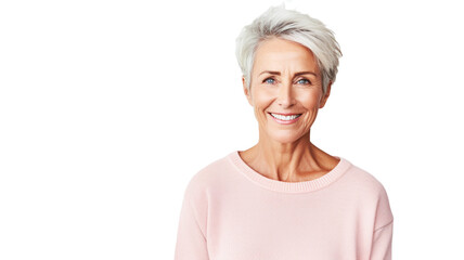Portrait of beautiful middle-aged woman with grey hair, wearing pink sweater, smiling on transparent png background.
