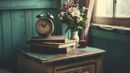 nightstand with a clock and a book, seen from close up generative ai