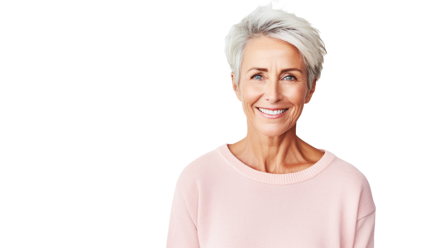 Portrait of beautiful middle-aged woman with grey hair, wearing pink sweater, smiling on transparent png background.
