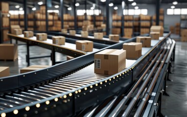 Boxes on conveyor belts in a warehouse.