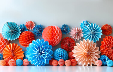 Festive Paper Decorations Array variety of shapes, colors and textures on a light background. Home diy decor for patriotic holiday celebration