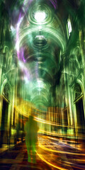 Light streams cascade through a grand cathedral interior, creating an ethereal and mystical ambiance
