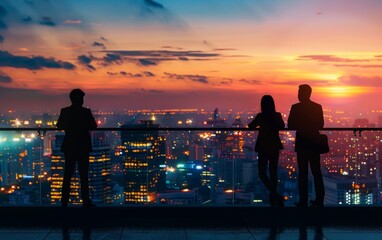 Silhouetted professionals overlooking a vibrant cityscape at sunset.