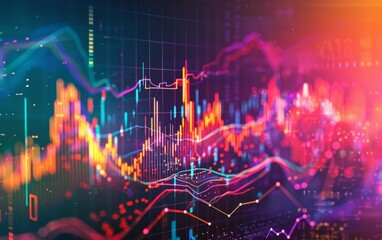 Colorful stock market chart displays with dynamic lines and glowing bars.