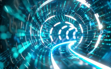 Futuristic digital code swirling in a luminous blue cyber tunnel.