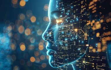 Futuristic digital human face formed of illuminated data and circuits.