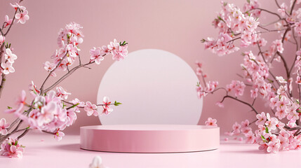 Pink round podium against a backdrop