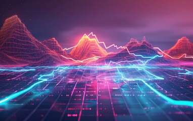 Futuristic digital landscape with glowing neon lines and abstract mountains.