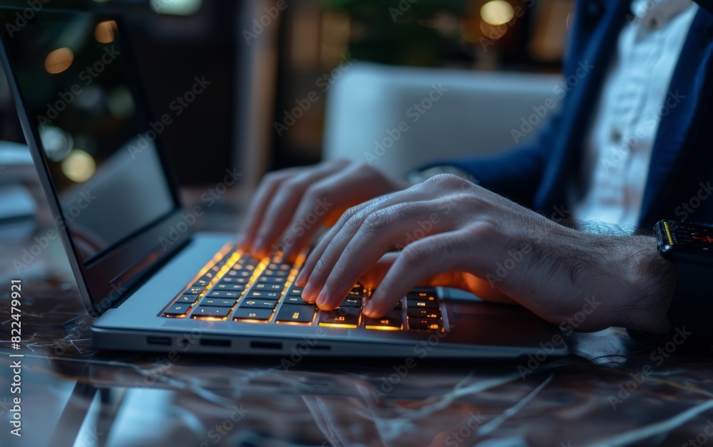 Wall mural man typing on a glowing laptop keyboard in a dimly lit, modern office.