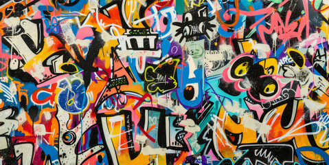 A colorful graffiti wall with a variety of shapes and designs