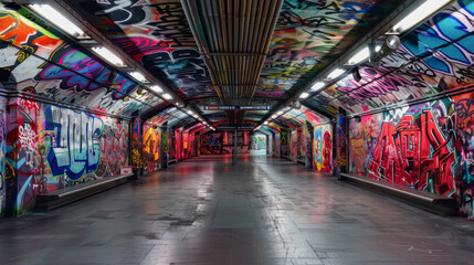 A graffiti covered tunnel with a bright light shining down on it