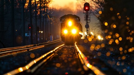 Light beams from the trains headlights illuminate the track ahead making for a smooth and safe ride.