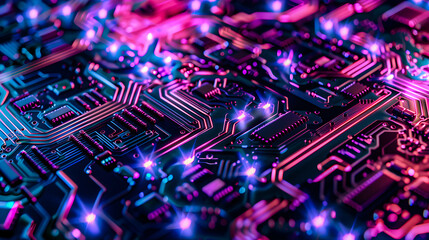 Obraz premium Neon-Lit Circuit Board with Futuristic Design, A close-up view of a circuit board illuminated with vibrant neon lights, showcasing intricate pathways and components