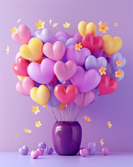 A 3D bouquet of colorful heart-shaped balloons of various shades and sizes, artistically arranged to form a large purple vase with a love heart