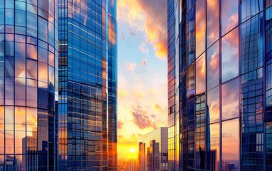 Sunset reflecting off modern glass buildings in an urban skyline.