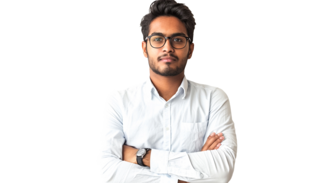 Proud confident indian business man investor wearing eyeglasses, rich ethnic ceo, corporate executive, professional lawyer banker, male office employee standing isolated on transparent png background.
