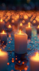 Close-up 3D cartoon of Memorial Day candlelight vigil, solemn and peaceful, clean lines