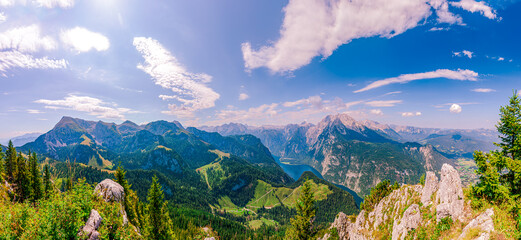 view from Mountain Jenner (1.800 m) after hiking. looking at the spectacular bavarian alps Watzmann...