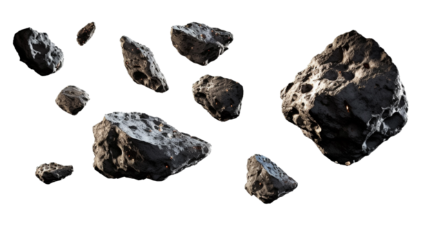 Swarm of meteorite and asteroids flying on transparent png background cutout.

