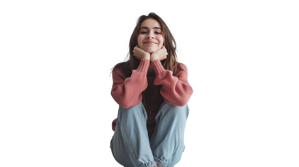Portrait of a happy young woman sitting on the floor on transparent png background.


