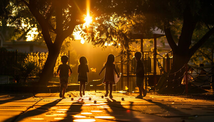 a telephoto shot of children playing hopscotch on a sidewalk, their silhouettes joyfully captured against the warm, golden glow of the setting sun, with a soft bokeh effect from th