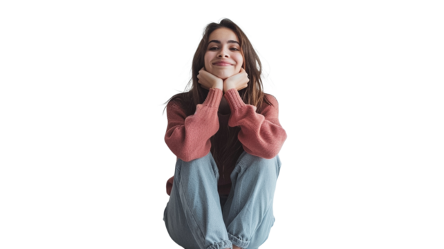 Portrait of a happy young woman sitting on the floor on transparent png background.

