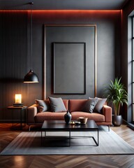 A living room with a couch, coffee table, and potted plant