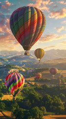Fototapeta premium Hot Air Balloons Soaring Above a Picturesque Valley with Morning Light