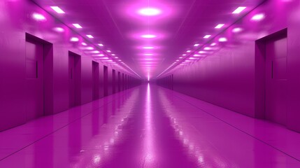 Fototapeta premium A long hallway with purple lights lies sandwiched between two walls