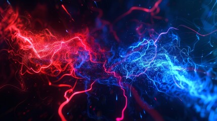 Electric blue and vibrant red streams intertwine in a fierce dance of energy displaying the chaotic nature of antimatter.