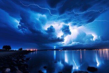Dramatic night sky with intense lightning strike and illuminated clouds reflected in a calm lake