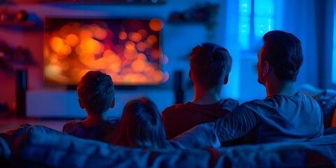 Family watching movie on flatscreen TV in cozy living room at night. Concept Family Time, Movie Night, Cozy Living Room, Flatscreen TV, Night Ambiance