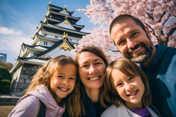 Obraz premium smiling Caucasian family in front of Osaka Castle, Japan, with the historic fortress and blooming cherry trees in the background Generative Ai,