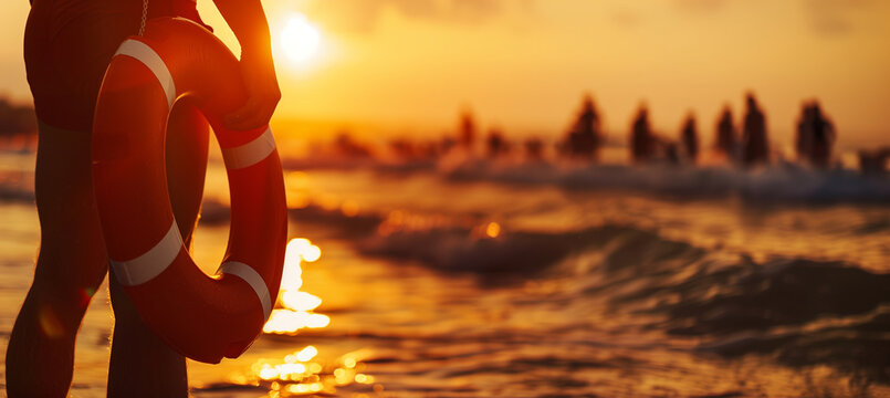 a close-up image of a lifeguard holding a rescue buoy while scanning the water, their silhouette highlighted against the setting sun, with a soft bokeh effect from the distant wave