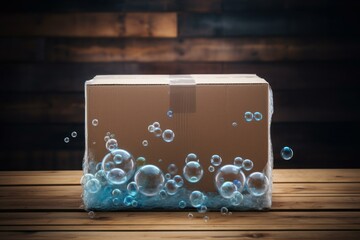 Fantasy concept of a sealed package with floating soap bubbles on a rustic wood backdrop